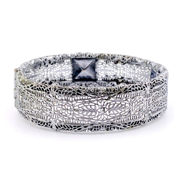 Ostby Barton Filigree Clamper Bracelet Sterling Silver Rhodium Edwardian to Deco - Picture 3 of 7